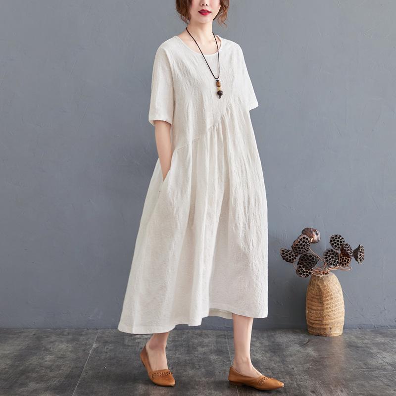 Women Summer Cotton Linen Loose Jacquard Irregular Dress Casual O-neck Short Sleeve Solid Color Dresses
