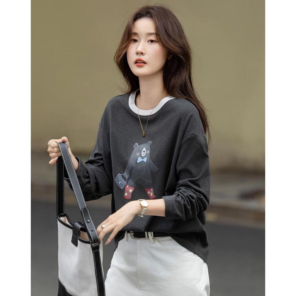 Demana 280G Thermal Velvet Warm Winter Korean Style Colorblock Crewneck Bear Print Petite Women's T-Shirt