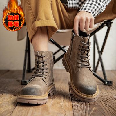Botas Martin, botas amarelas grandes, masculinas 2025 novo couro sola grossa inverno veludo para aumentar altura, não rasga botas de trabalho moda