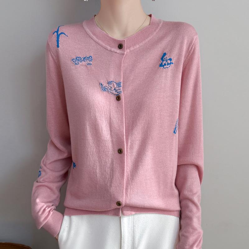 Nový jarní pletený kardigan s kulatým výstřihem a výšivkou, volný a všestranný design