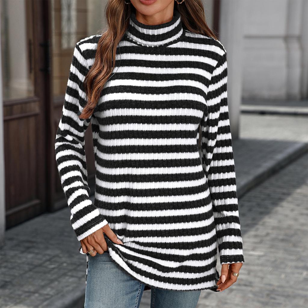 Women's Fashion Casual Striped High Neck Loose Long Sleeve Casual Pullover Top