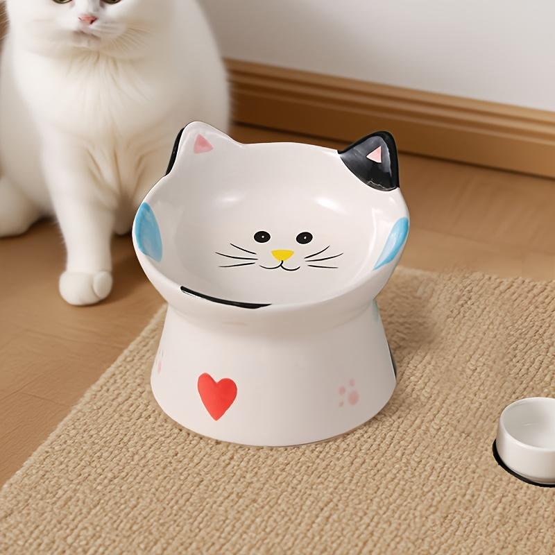 1PC Elevated Cat Food Dish, Ceramic, Raised Feeding Station, Shallow for Whiskers, Dishwasher Safe