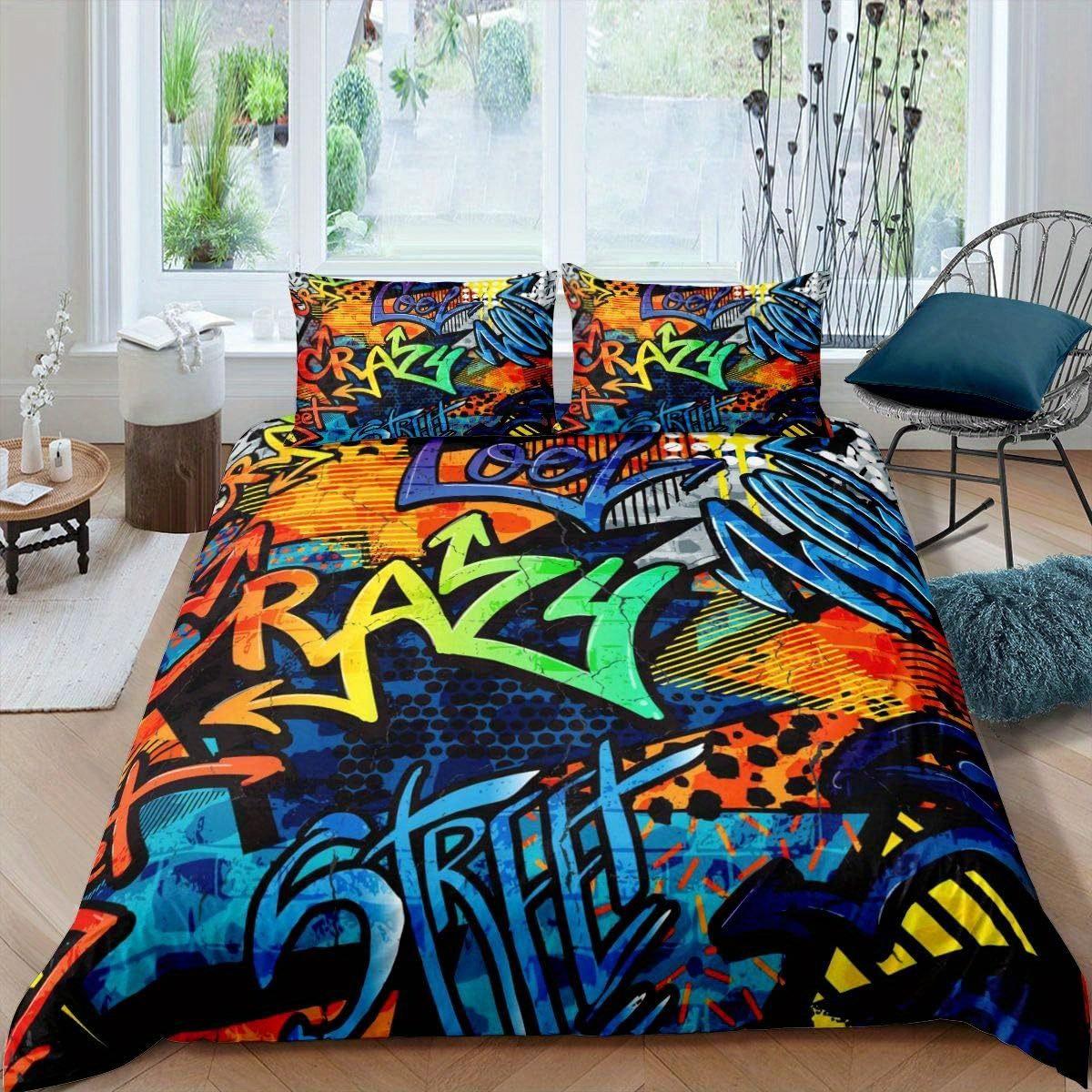 

2/3Pcs Hippie Graffiti Duvet Cover Set, Street Culture Hip Hop Bedding with Pillowcases, Teens Room Decor for Men Women EU Twin(135x200cm)