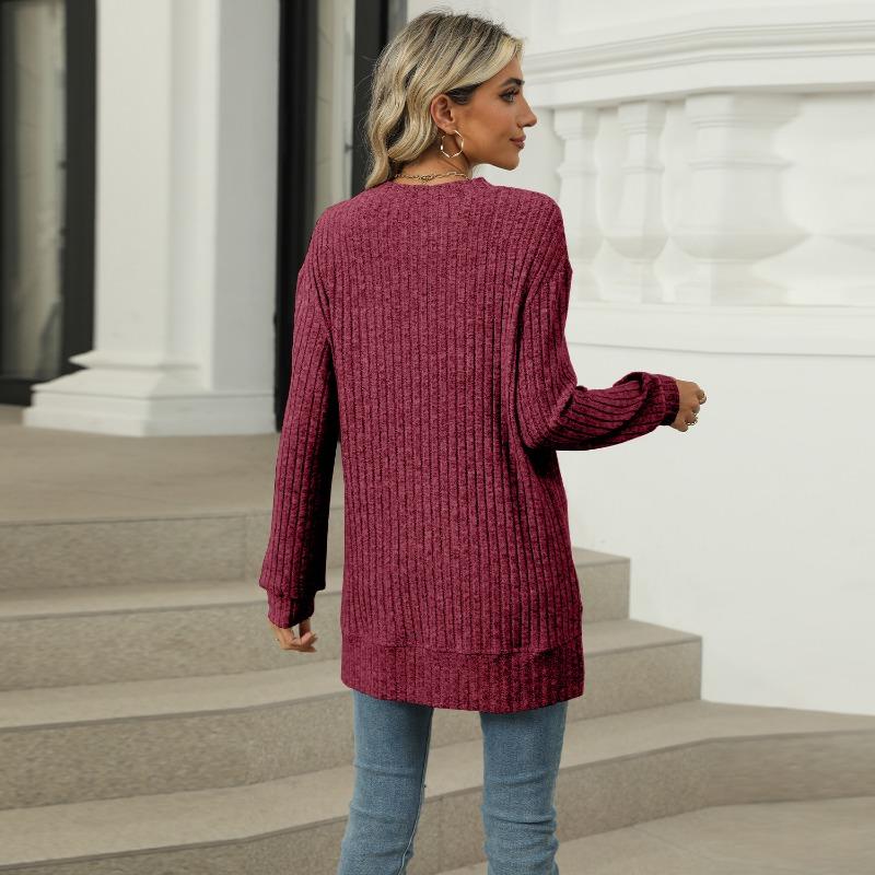 Autumn Winter Round Neck Pocket Hem Slit Loose T-shirt Solid Color Knitwear Pullover Top for Women