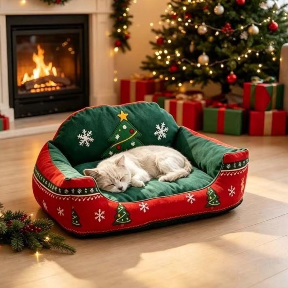 Washable Cat Sleeping Mat Soft Plush Warm Cat House Christmas Pet Sofa Bed Festival