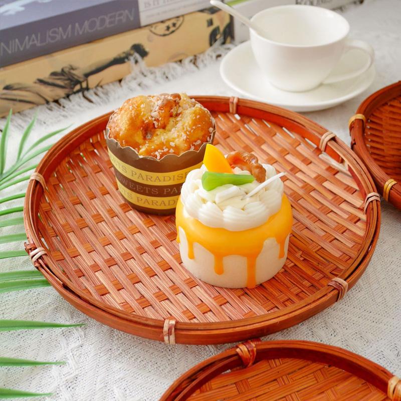 3Pcs/Set Bamboo Round Storage Tray Fruit Handwoven Vegetable Container Cake Plate Basket Kitchen
