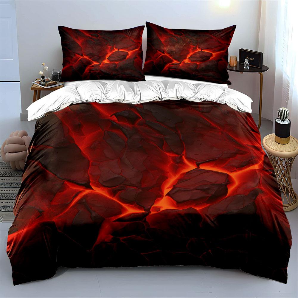 3-teiliges rotes Lava-Bettwäscheset Feuriges vulkanisches Magma-Muster Bettbezug-Set Rotes rissiges Felsmuster für mutige Schlafzimmerdekoration