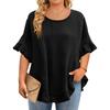 Womens Plus Size Ruffle Hem Short Sleeve Pullover Top Loose Fit Crew Neck Flounce Sleeve Blouse Casual Style