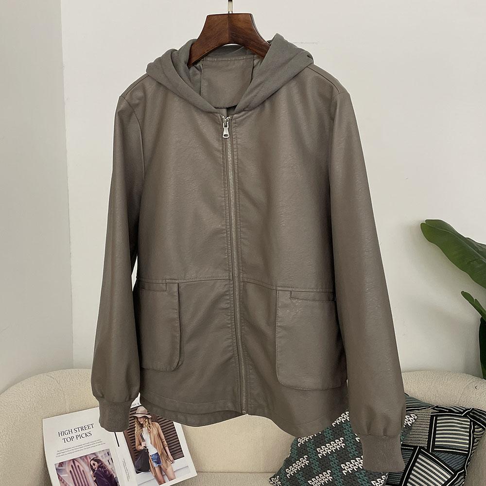 OFTBUY Femmes À Capuche Vintage Ample PU Faux Cuir Chapeau Veste Courte Décontractée Veste de Moto Féminine Zippée Rétro Moto Biker Manteau Vêtements d'Extérieur Hauts