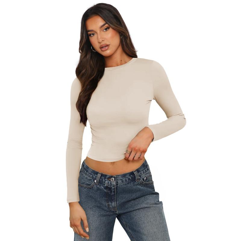 Women's Tight Round Neck Sexy Hottie Nude Single Wear Long Sleeve Top