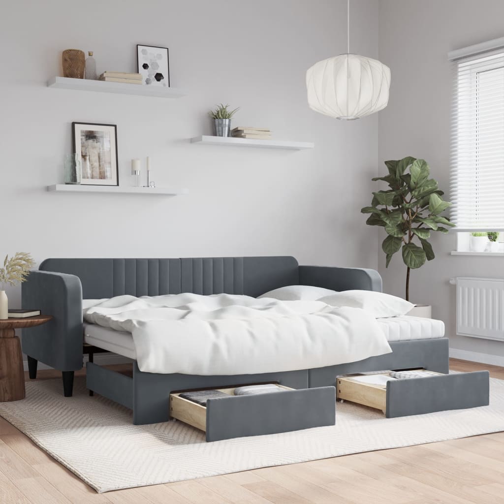 Vidaxl Extendable Sofa With Drawers, Dark Grey, 90X200 Cm, Velvet