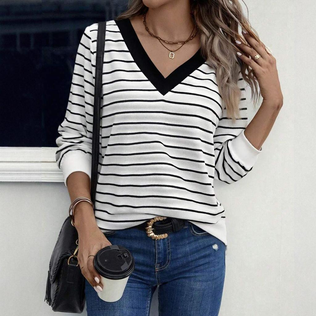 Womens Striped Long Sleeve Shirts V Neck Knit Tops Casual Fitted T Shirts Fall Outfits