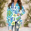 Women s Plus Size Dark Green Printed Draped Collar Long Sleeve Open Front Curved Hem Cardigan