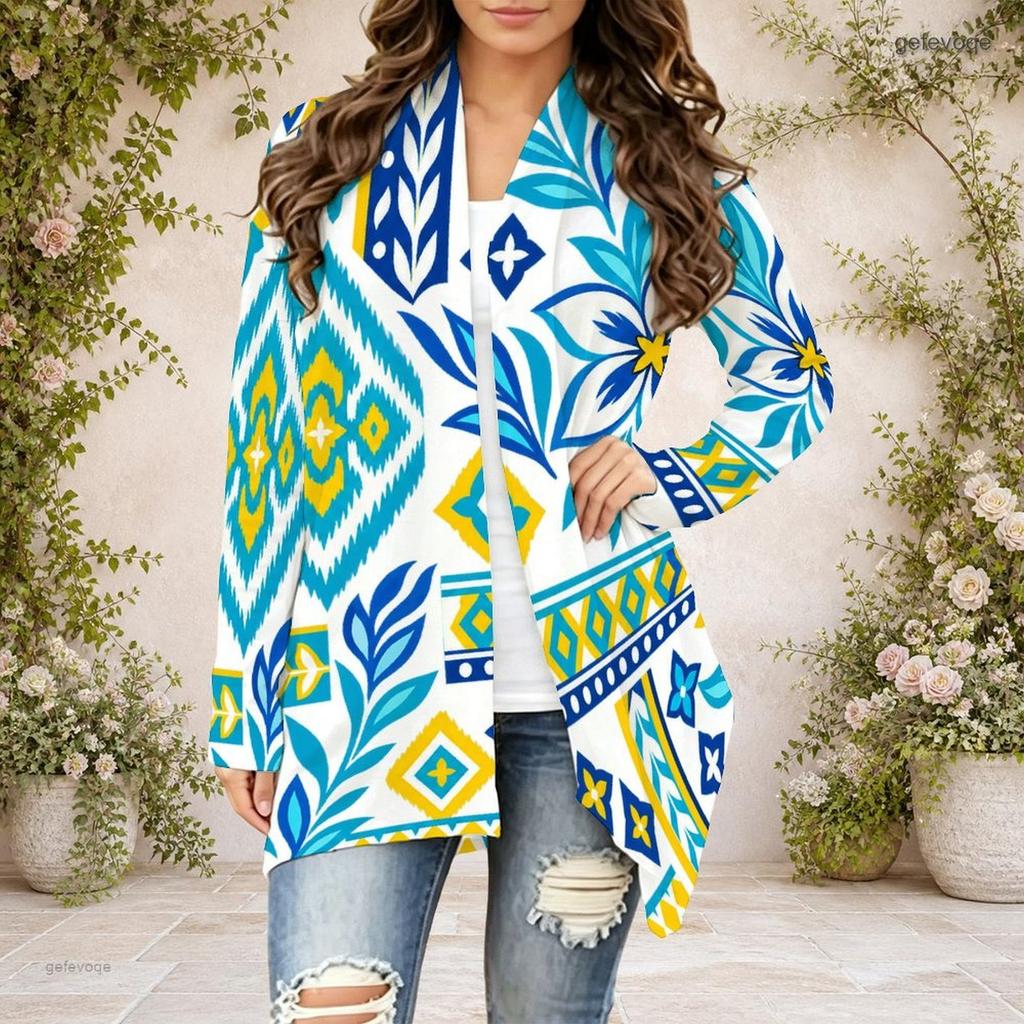 Women s Plus Size Dark Green Printed Draped Collar Long Sleeve Open Front Curved Hem Cardigan