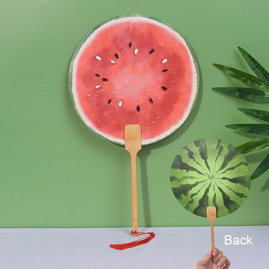 Watermelon Print Round Fan with Wooden Long Handle Portable Lightweight Outdoor Travel Camping Picnic Summer Handheld Paper Fan