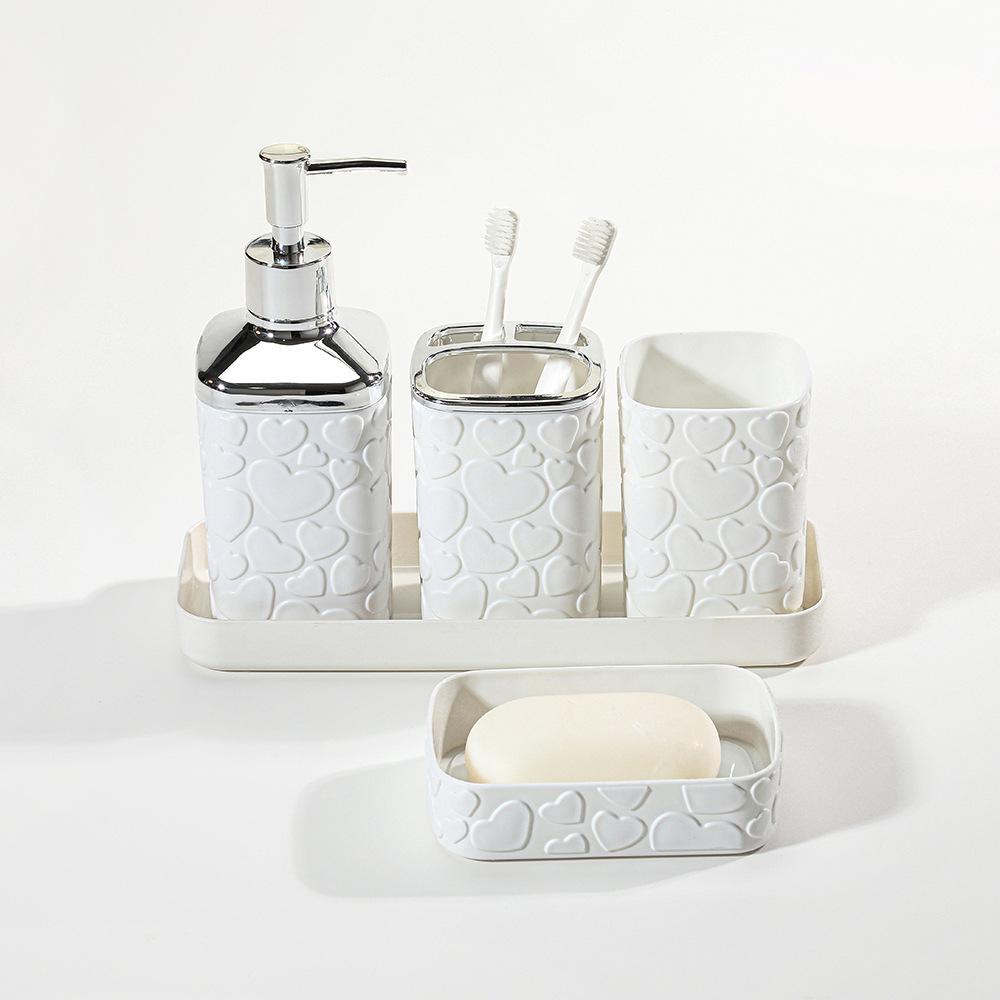 Black Pattern Tray Resin Bathroom Set Toothbrush Holder Soap Dispenser Soap Dish Bathroom Accessories Set Home Decor 5pcs/Set