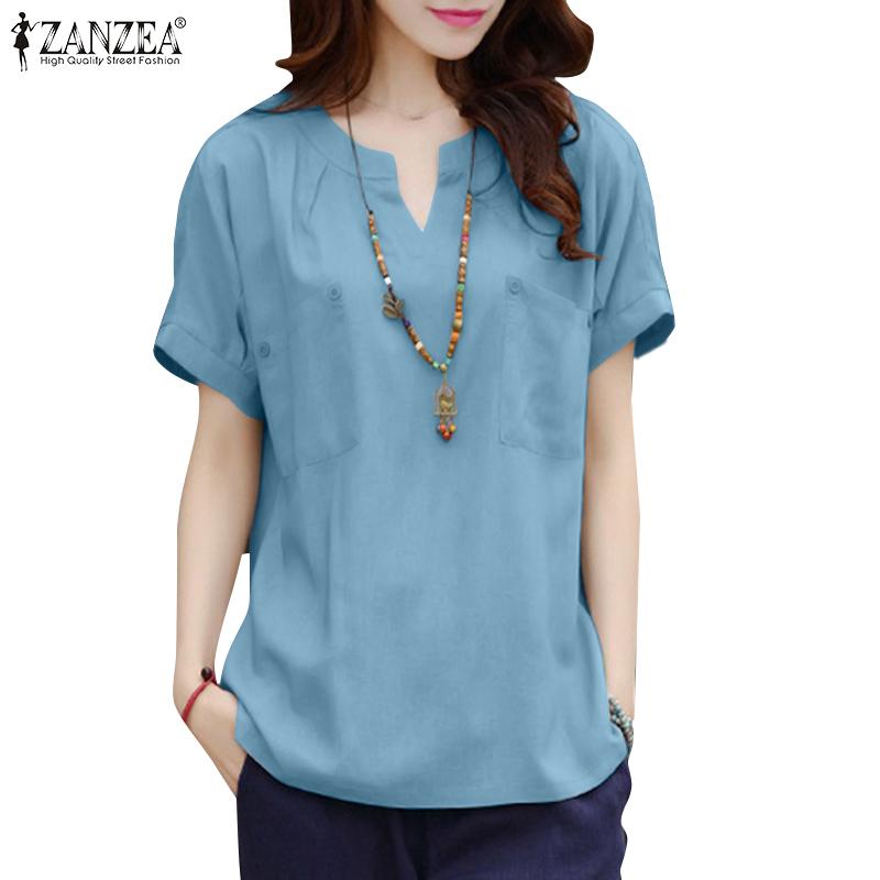 

ZANZEA Женская повседневная летняя блузка с v-образным вырезом и короткими рукавами