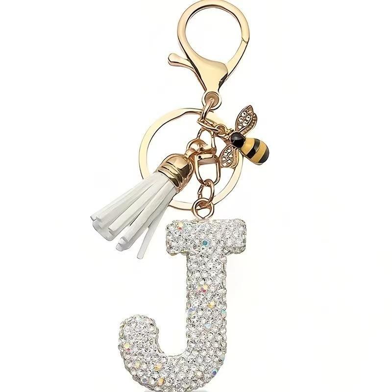 Błyszczący Rhinestone Litera Początkowa A Z Brelok Uroczy Breloczek z Pszczółką Ozdoba z Frędzli Spersonalizowane Prezenty Na Kluczyki Samochodowe Torbę