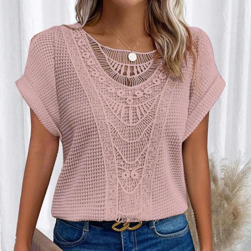 

Летняя новая кружевная лоскутная рубашка с коротким рукавом больших размеров для женщин, модная повседневная свободная женская блузка с круглым вырезом, элегантные винтажные офисные женские топы 26651 XXL розовый