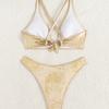 Damen Badeanzug Sexy Gold Halter Nackenkreuzbindung Hohe Taille Bikini Set Badeanzüge