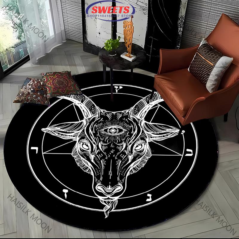 Okrągły dywan z nadrukowanym symbolem pentaklu, dywan z nadrukiem głowy kozła, mata do zabawy dla dzieci, dywan do salonu, sypialni, mata do jogi, prezent
