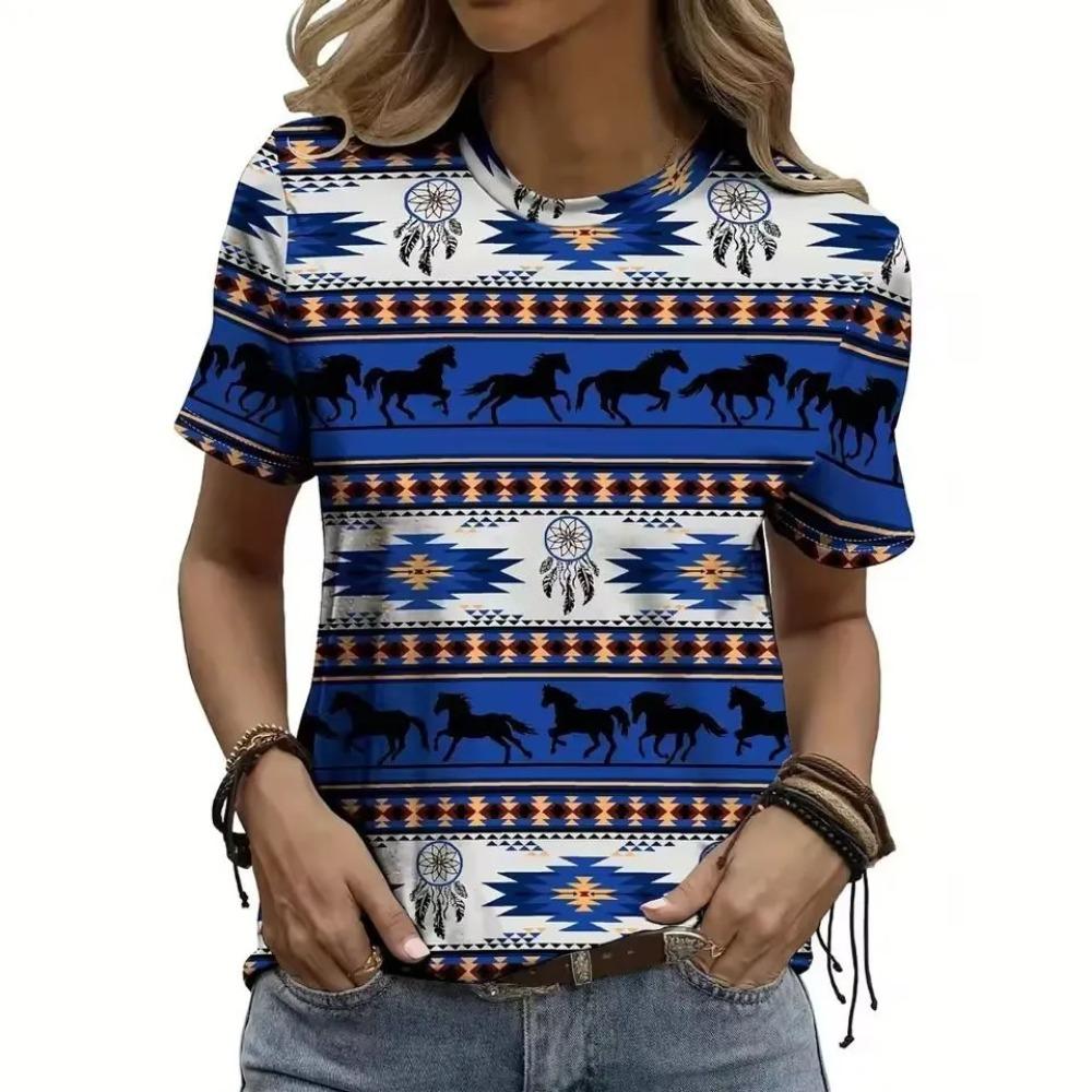 Retro Patterned Ethnic Style 3D Printed Short Sleeved T-shirt Fashionable Comfortable Soft Breathable Large Loose Summer Womens T-shirt S