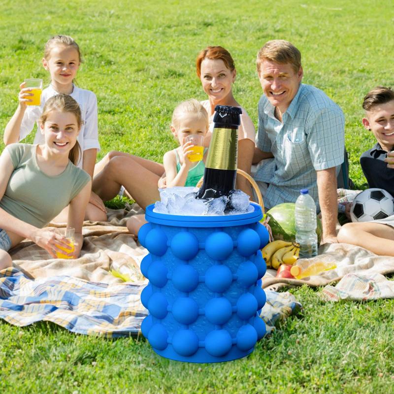 2-In-1 Silicone Blue Ice Cube Maker Circular Portable Ice Cube Mold Ice Tray Large Ice Bucket Suitable for Cold Beer Beverages