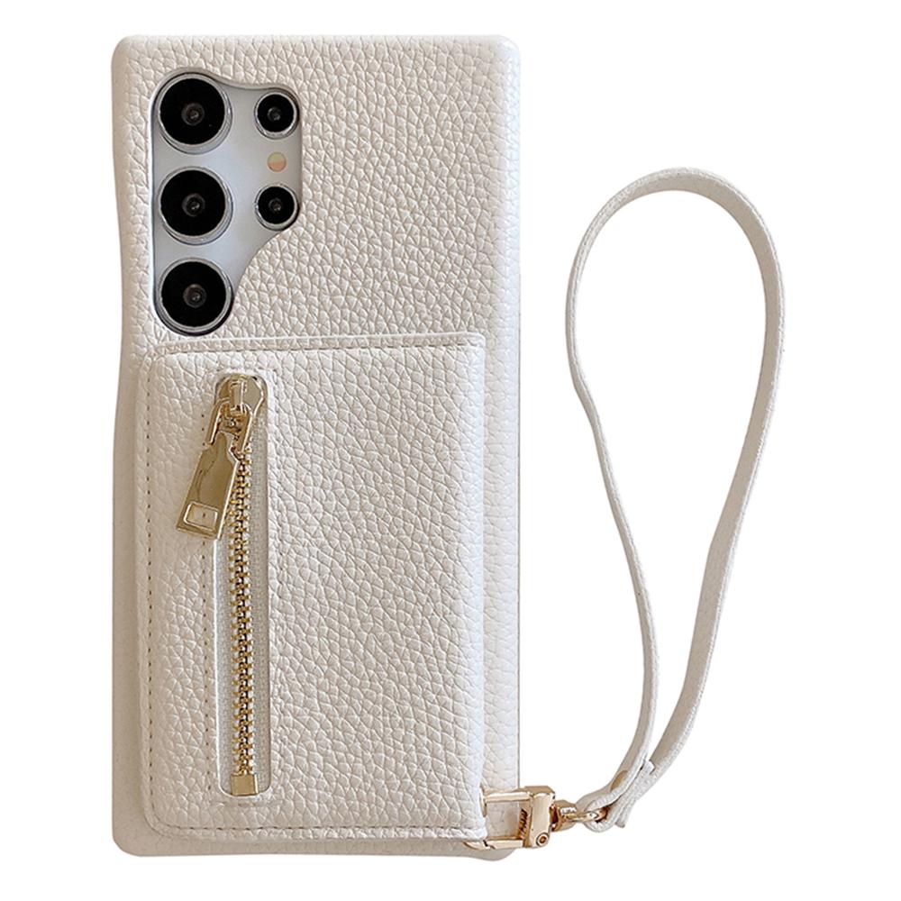 

For Samsung Galaxy S24 Ultra Case Card Slots Kickstand PU Leather Back Cover with Zipper Pocket,Wrist Strap White