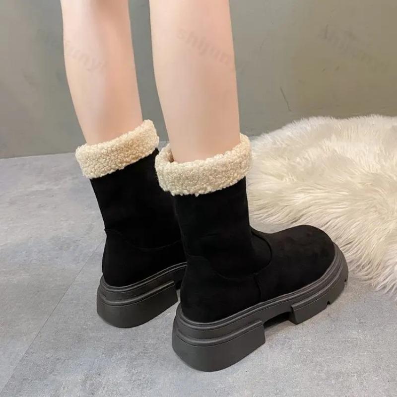 2025 New Thick Soled Women's Ankle Boots Winter Comfort Fluffy Short Boots Mid Heel Platform High Top Plush Warm Women's Shoes