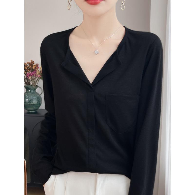 

Spring Design Style V-neck Casual Long-Sleeved T-shirt for Women - Versatile, Slimming Bottom Layer, Simple and Elegant Knitted Shirt 2XL чорний