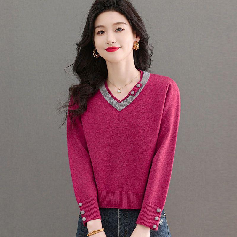 Sweater Women's Color-blocking Short Fashionable V-neck Base Shirt Top