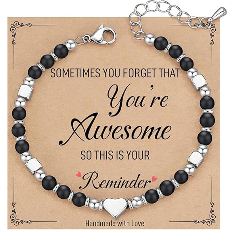 1pc Heart Shape Natural Stone Beaded Bracelet Stainless Steel Adjustable Chain Bracelet Retro Daily Wear Jewelry for Women Gifts