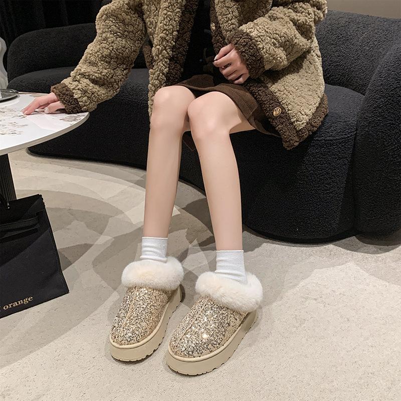 Women's Snow Boots for Autumn and Winter Large Size Thick Sole Sequins Thick Fur Mouth Thick and Warm Snow Boots for Women