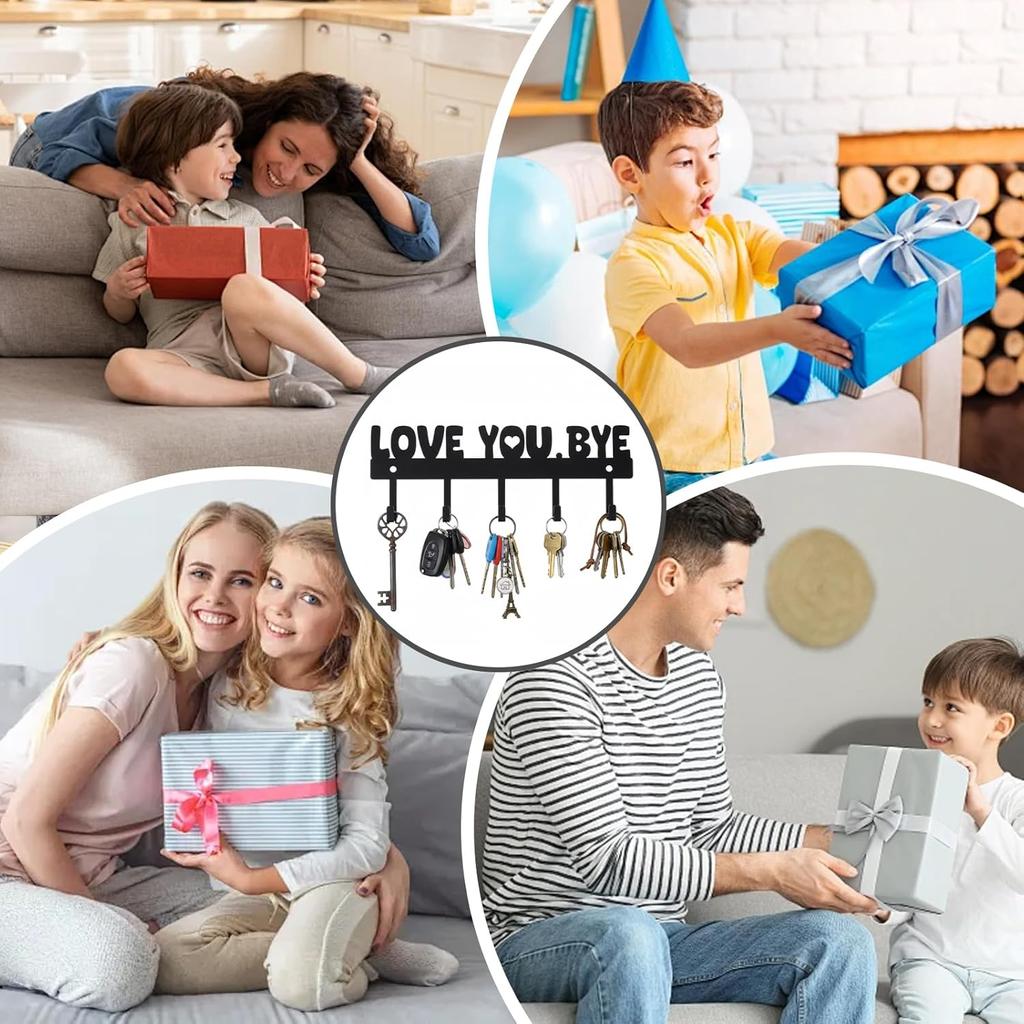 Key Holder Wall Mount, Large 'Love You.Bye' Entryway Organizer with 5 Hooks,Black Metal Key Hanger —No Drill Adhesive for Home Wall Decor