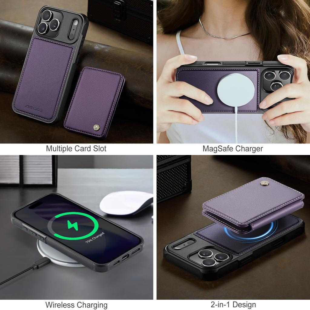 For iPhone 17 Pro Max Case JEEHOOD J05 Leather Mobile Cover with Detachable Magnetic Card Bag