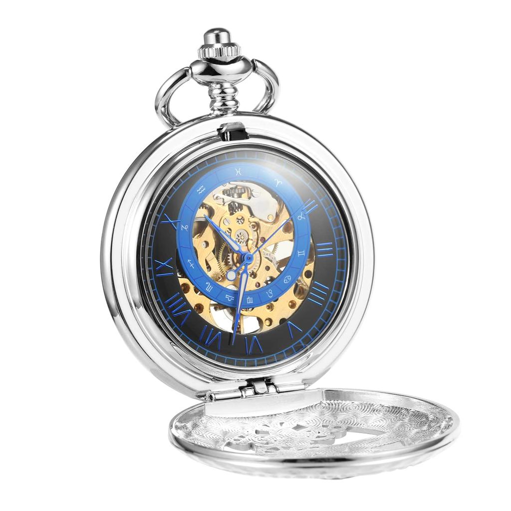 TREEWETO Mechanical Pocket Watch, Silver, Roman Numerals, Moon and Sun Design, with Chain and Gift Box