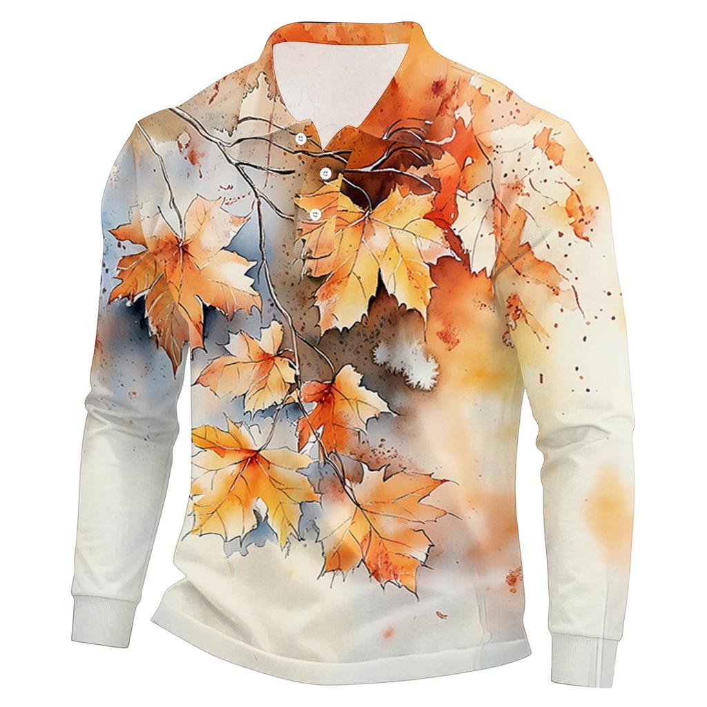Camicia da Uomo a Maniche Lunghe in Rete con Collo a Revers e Stampa Foglia d'Acero Leggera Traspirante per Autunno e Inverno