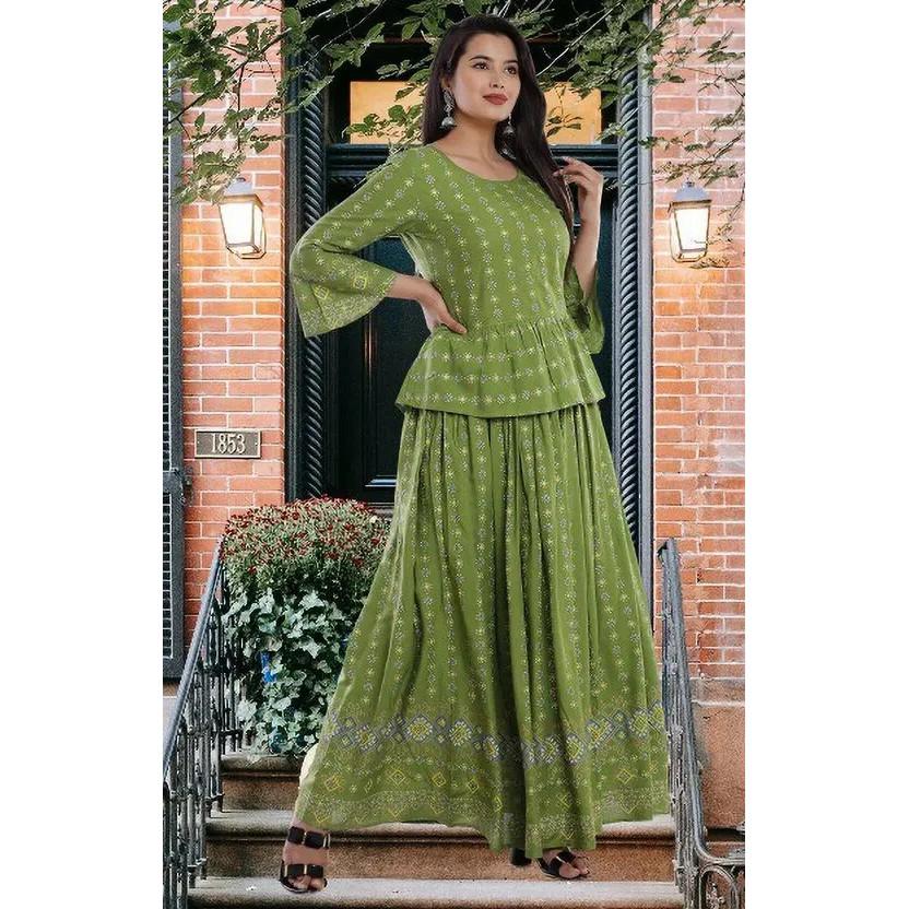 Indian Party Wear Rayon Top Kurta Skirt Set Women Bollywood Top Tunic Kurti VSO-1707 C