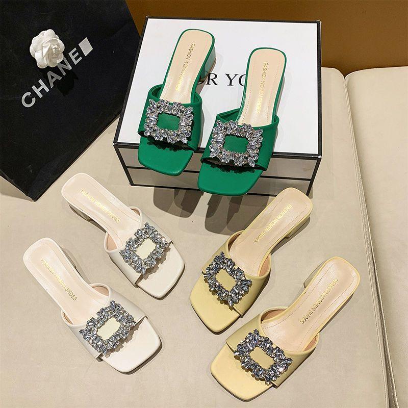 Fairy Cool Slippers Outer Wear Mid-heeled Slippers Female Summer Thin Internet Celebrity Explosion Skirt Rhinestone Thick Heel Square Head