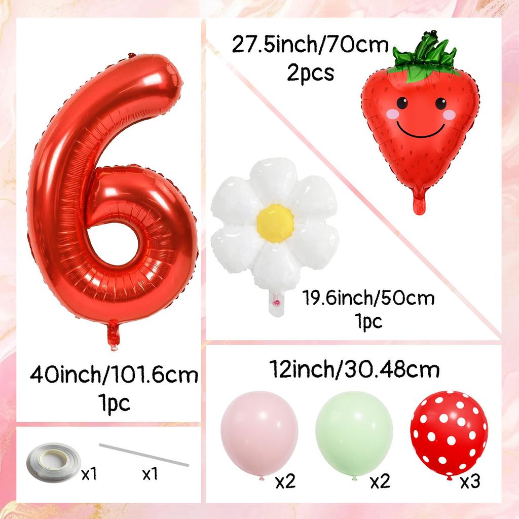 12pcs Strawberry and Red Polka Dot Digital Balloon Set  40 Inch Aluminum Foil, Suitable for Birthday Parties and Celebrations
