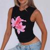 Y2K Women Summer O Neck Sleeveless Flower Print Causal Slim Fit Vest Bare Midriff Tank Top
