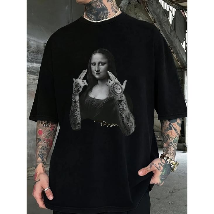 Men'S Vintage Streetwear Graphic T-Shirt - Edgy Tattooed Mona Lisa & Peace Sign Print, Black Crew Neck Short Sleeve, Loose Fit Casual Tee with Da