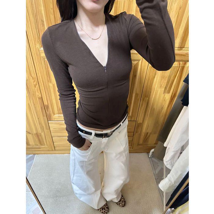 Elegant V-Neck Long Sleeve Slim Fit Autumn T-Shirt L