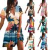 Women's Casual Hawaiian Print Short Sleeve Dress V Neck Wrap Style Beachwear Summer Dress with Tropical Palm Tree Pattern