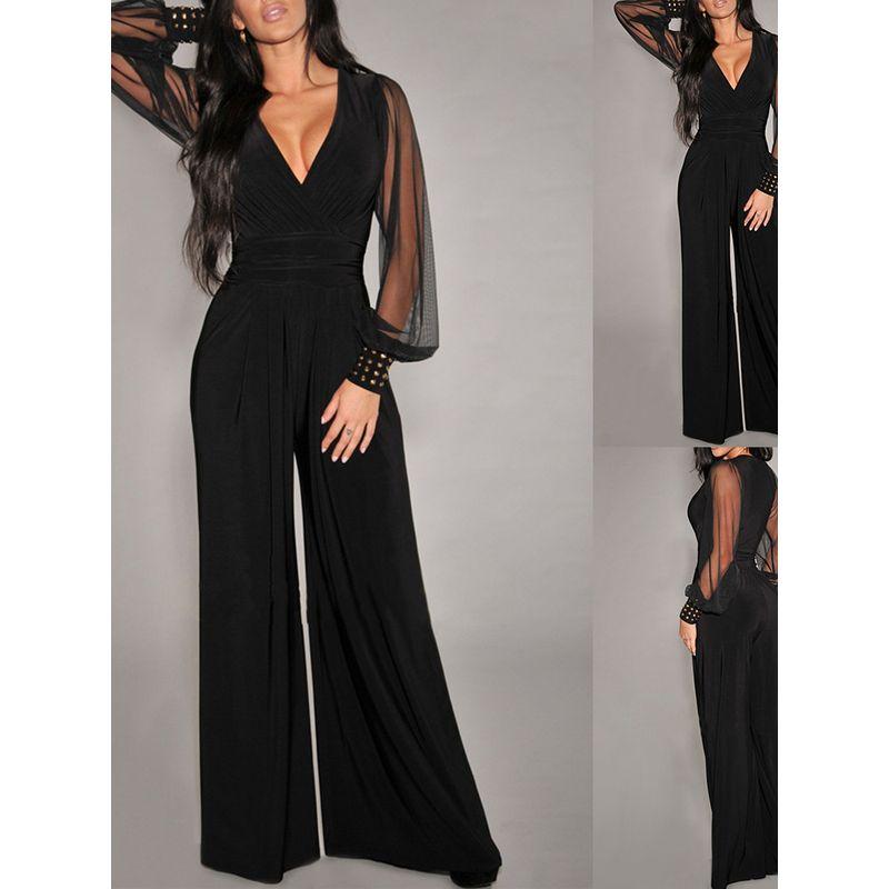 

2022 Neck Mesh Stitching Rivet Straight Leg Overalls S black