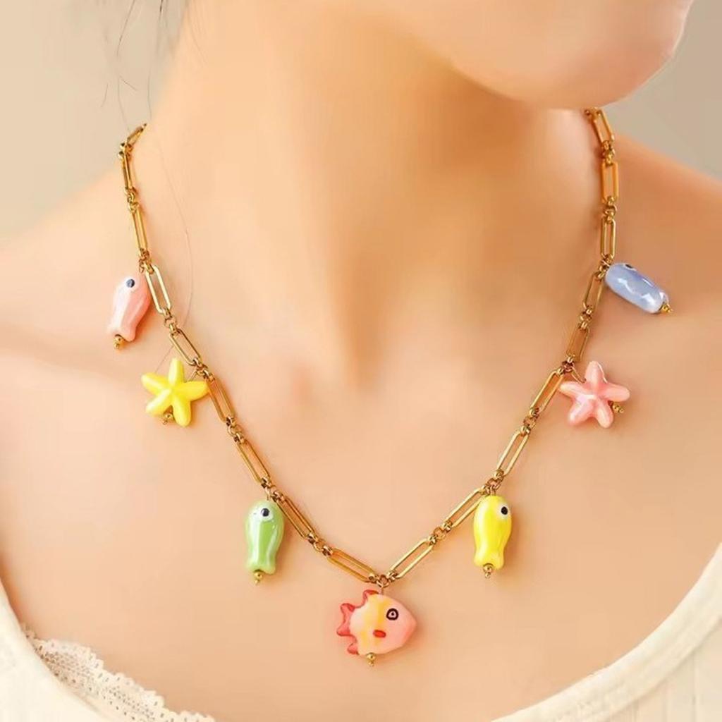 Fashionable Ceramic and Stainless Steel Oceanics Themed Adjustable Necklace With Starfish and Fish Pendant
