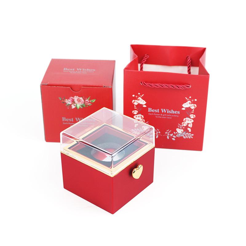 Luxury Rotating Acrylic Jewelry Box with Preserved Rose, Teddy Bear, and Birthday Cake Design