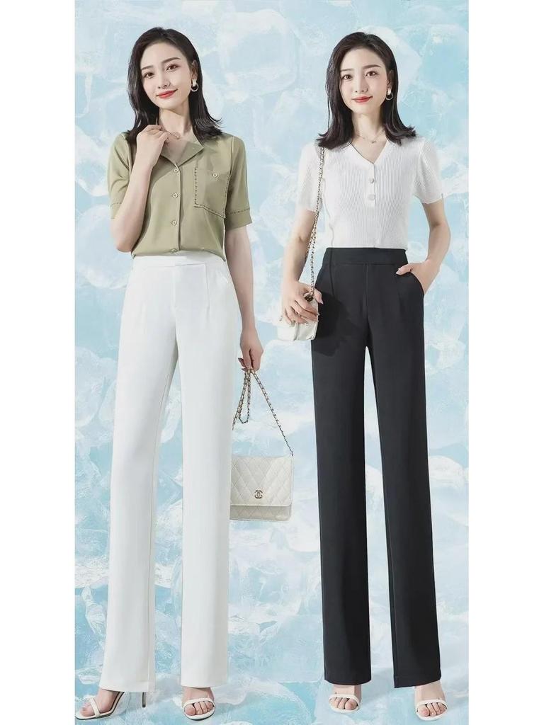 Women's Summer High-Waist White Ice Silk Straight Pants