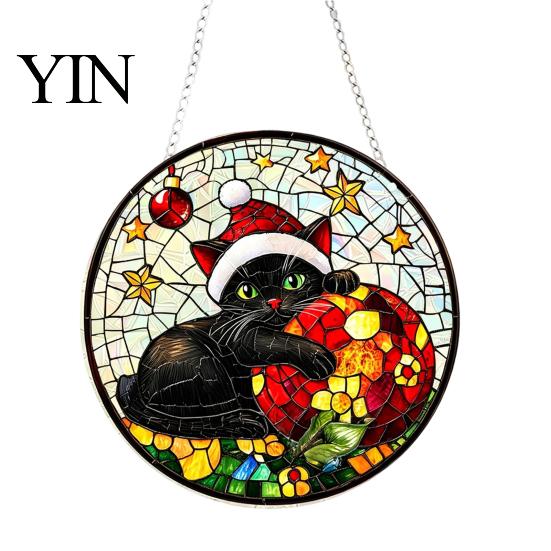 Acrylic Holiday Hanging Decorations Christmas 2D Suncatcher, Stained Glass Style Black Cat Window Hanging, Decorative Wall Plaques Colorful