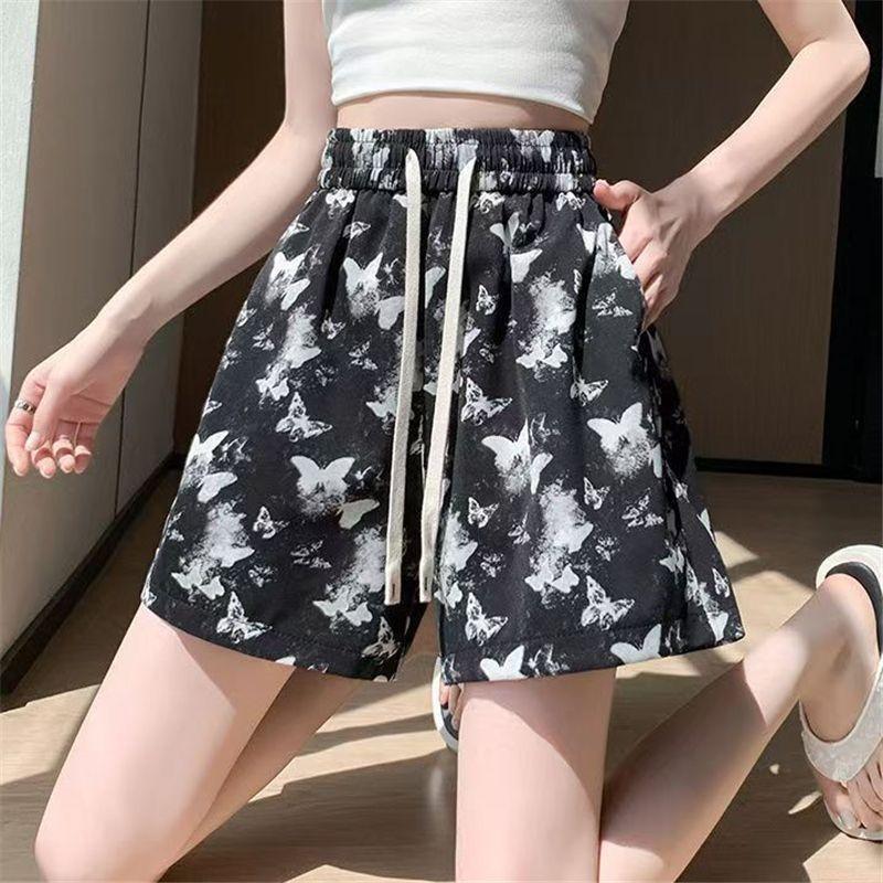 

Укороченные брюки с принтом бабочек и окрашенные для женщин на лето Новинка Дизайн с высокой талией Спортивные пляжные брюки Шорты, стройнящие и с широкими штанинами 4XL чёрный